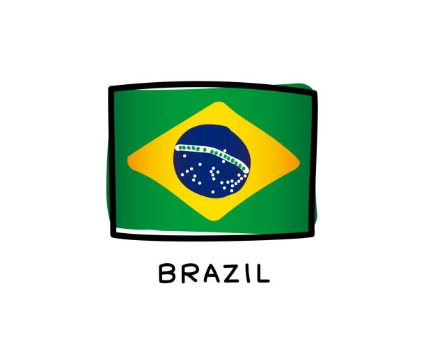 бразильский флаг. зеленые, желтые и синие нарисованные от руки мазки кисти. черный контур. - flag brazil brazilian flag dirty stock illustrations
