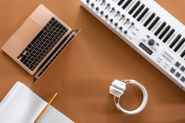 Musical flat lay background, music creation concept.