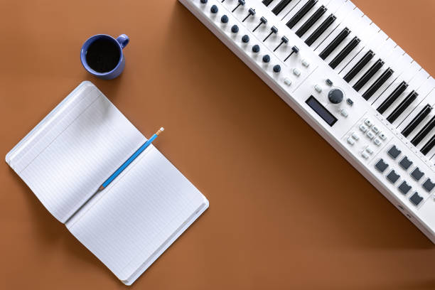 istock Musical flat lay background, music creation concept. 1354895137