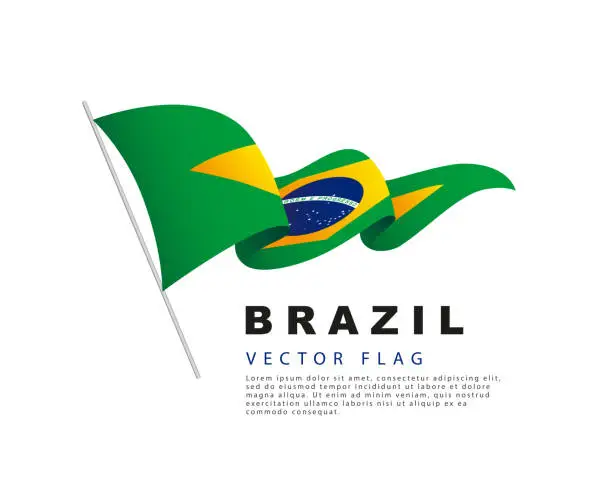 Vector illustration of The Brazilian flag hangs from a flagpole and flutters in the wind. Vector illustration isolated on white background.