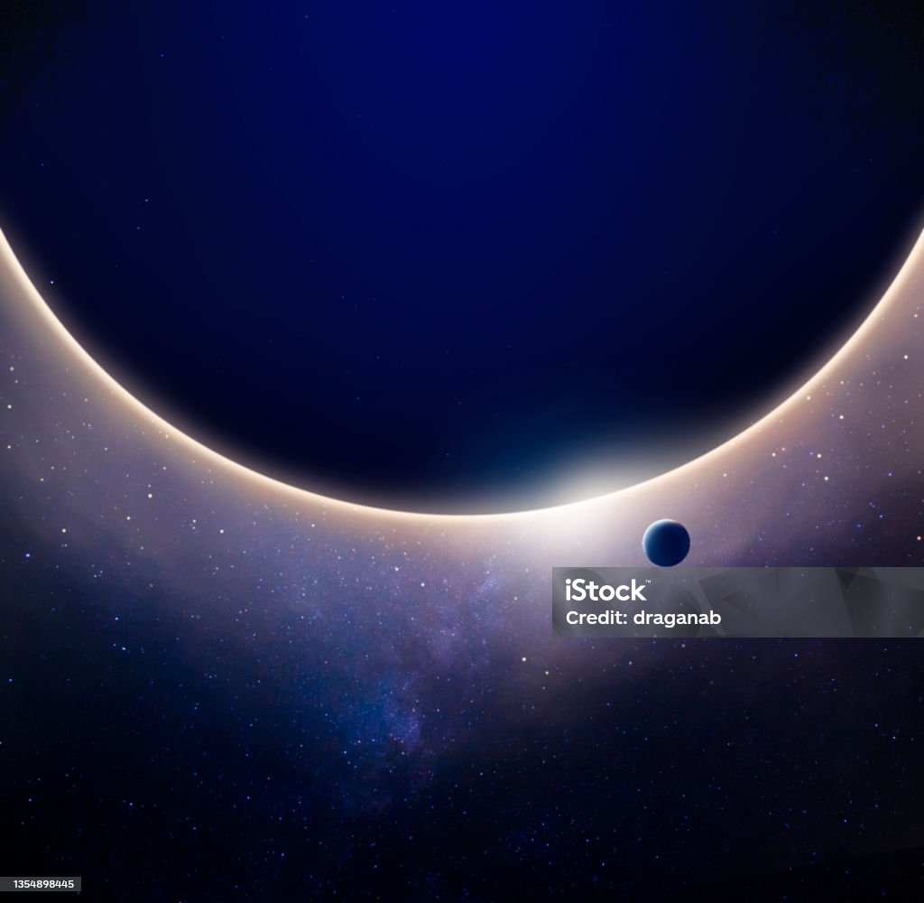 Sunrise Satellite view of two planets orbiting, extremely large and one small. Sunrise sceene. Galaxy Stock Photo