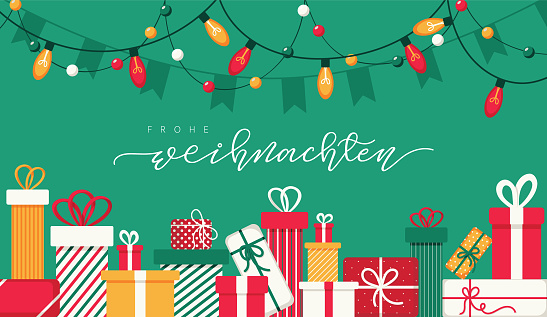 Colorful gifts and decorations on a green background. Handwritten Christmas greeting in German. EPS10 vector illustration, global colors, easy to modify.