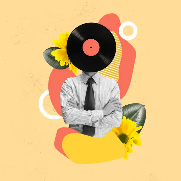 Contemporary art collage of man in a suit with vinyl record head isolated over floral yellow background. Retro music style. Concept of art, music, creativity, vintage style. Copy space for ad