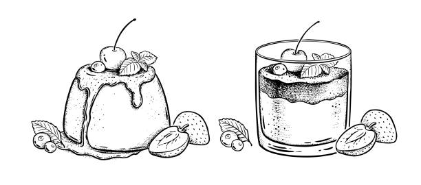 ilustrações de stock, clip art, desenhos animados e ícones de vector illustration of panna cotta and jelly - creme cozinhado