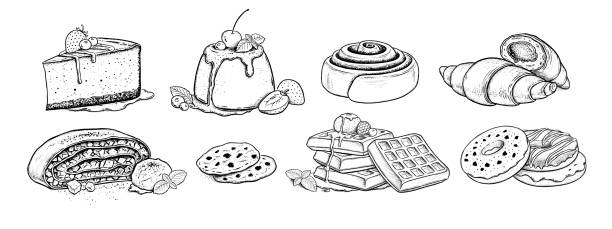 bildbanksillustrationer, clip art samt tecknat material och ikoner med vector set of desserts and bakery products - cinnamon buns bakery