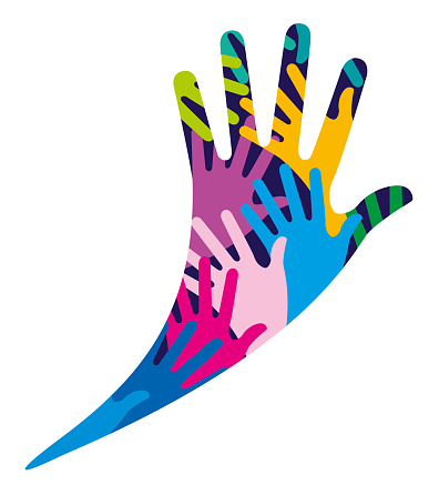 Vector Illustrator of One Hand Hand with other Colorful Hands inside Teamwork Concept Icon