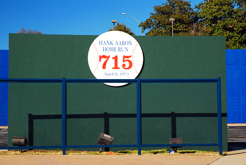 Atlanta, GA, USA March 1 A sign and the original wall from Atlanta Fulton County Stadium marks the spot where Hank Aaron hit his record sitting home run with the Atlanta Braves