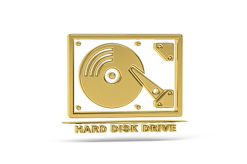 Golden 3d Hard Disk Drive icon isolated on white background - 3d render