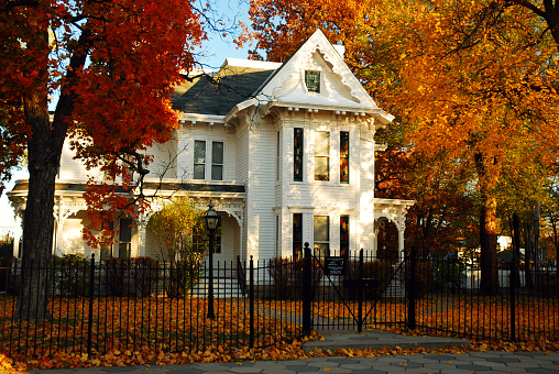 Independence, MO, USA November 2 Brilliant autumn leaves add a colorful frame around the President Harry S Truman home in Independence, Missouri