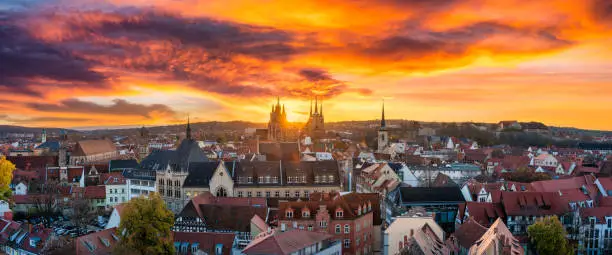 Panoramic view over the historic old town of Erfurt, Thuringia, Germany during sunset
