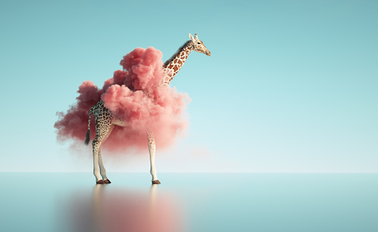 Giraffe with a pink cloud around. Creative and dreaming concept.  This is a 3d render illustration