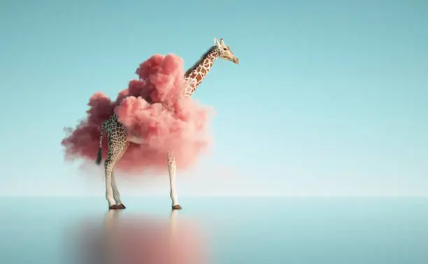 Photo of Giraffe with a pink cloud around. Creative and dreaming concept.  This is a 3d render illustration