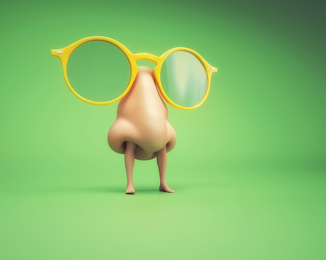 Human nose with legs and glasses. Creativity and outstanding concept. This is a 3d render illustration