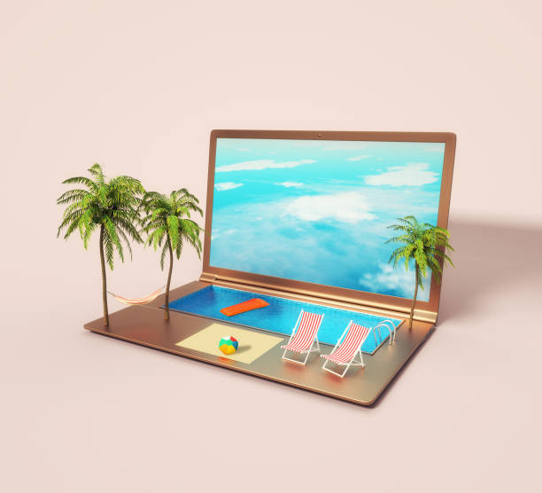 istock Laptop with a tropical beach environment. Travel booking app. Work while travelling concept. This is a 3d render illustration 1354903450