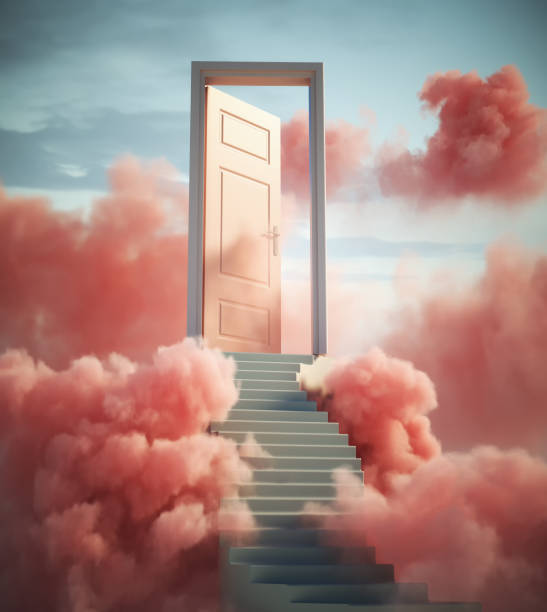 лестница, ведущая к открытой в облаках двери. новые возможности и концепция продвижения. это иллюстрация 3d-рендеринга - opportunity door new cloud стоковые фото и изображения