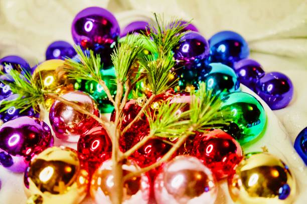 Christmas spheres, red, blue and yellow.