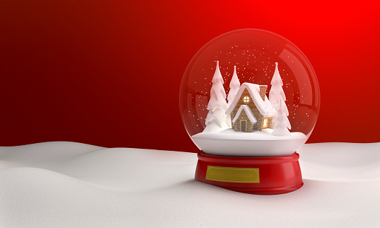 Snow globe with a fairy-tale house and Christmas trees in the snow. Christmas souvenir on a red background. 3D illustration