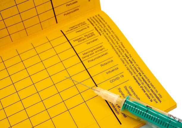 istock blank vaccination book with Covid entry and syringe 1354905984