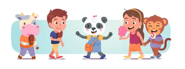 Vector illustration of Animals and people friendship funny children concept. Boy, girl, kids walk together holding hands with monkey, little panda, eating sweets, lollipop, ice cream, cotton candy. Flat vector character set