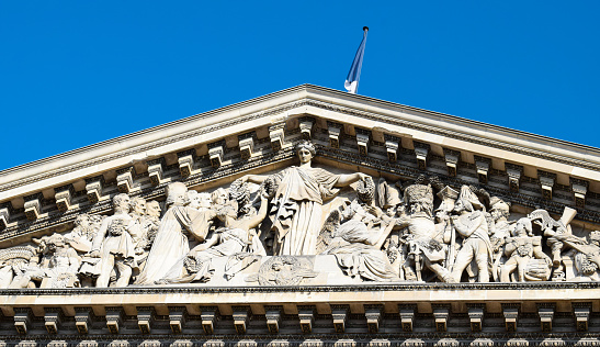 Sculptural tympanum highlight in the neoclassical pantheon of Paris, France