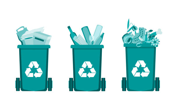 istock Waste bins and waste separation. Disposal, utilization of food, paper and glass waste Isolated 1354908414