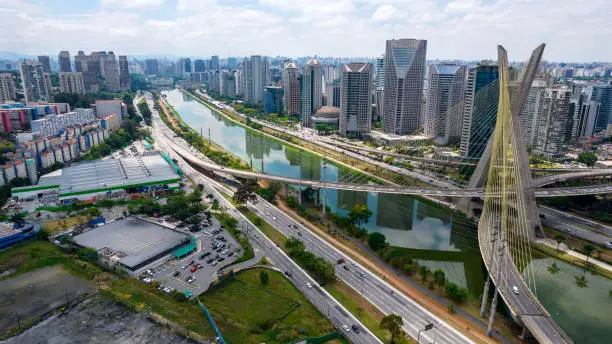 Estaiada's bridge aerial view in Marginal Pinheiros, Sao Paulo, Brazil. Business center. Financial Center. Famous cable stayed (Ponte Estaiada) bridge.