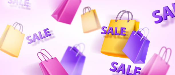 3D shopping bag vector background, multi-colored paper empty package special offer internet banner. Fashion sale concept, online discount e-commerce advertisement promotion poster. Flying shopping bag shopping mall stock illustrations