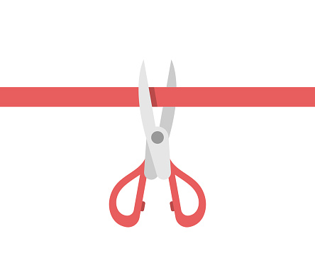 Scissors cutting ribbon. Grand opening ceremony, presentation, launch, beginning and new business concept. Flat design. EPS 8 vector illustration, no transparency, no gradients
