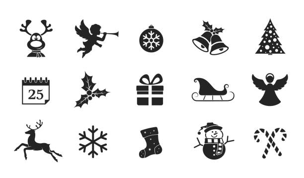 set of Christmas icon. christmas bells and ball, calendar, mistletoe, angel and deer, snowman, and snowflake icons vector art illustration