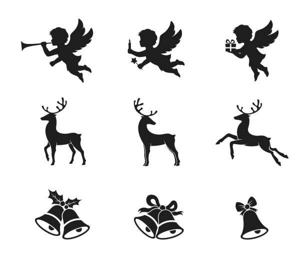 Christmas angel, deer and bells icon set. New Year and Christmas symbols Christmas angel, deer and bells icon set. New Year and Christmas symbols and design elements tree topper stock illustrations