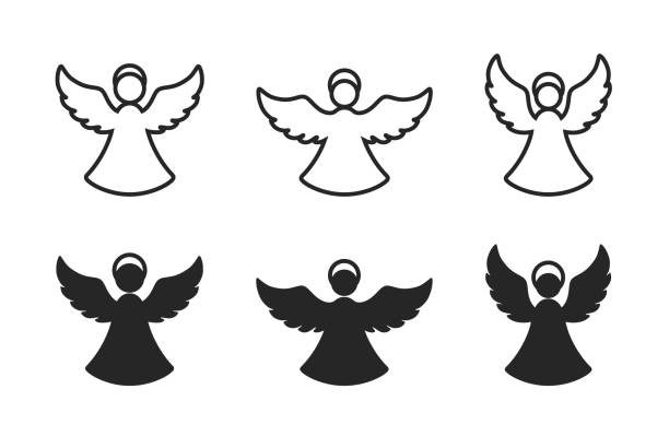 ilustrações, clipart, desenhos animados e ícones de conjunto de ícone anjo natalino. símbolos de natal e religião. estilo plano e de linha - anjo