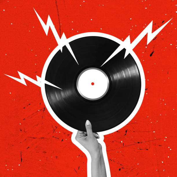 Timelsess music. Composition with retro vinyl record isolated on bright background. Conceptual, contemporary art collage. Retro styled, surrealism, fashionable. Idea, aspiration, comparison of eras