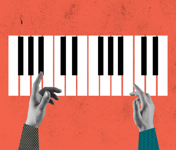 istock Contemporary art collage, modern design. Retro style. Composition with black and white piano keys, synthesizer isolated on light background 1354914340