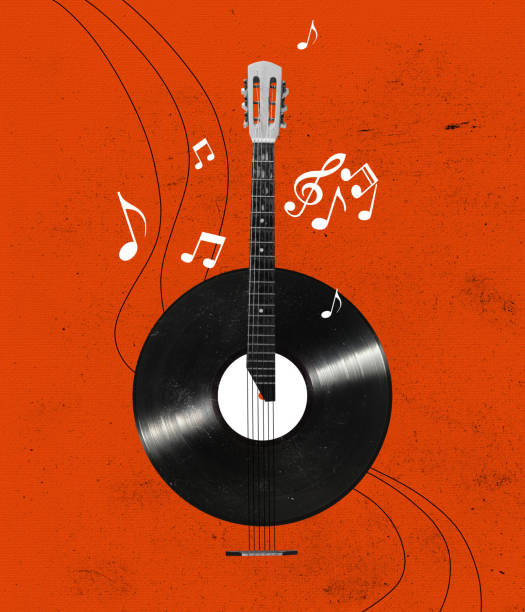 Timelsess music. Composition with retro vinyl record isolated on bright background. Conceptual, contemporary art collage. Retro styled, surrealism, fashionable. Idea, aspiration, comparison of eras