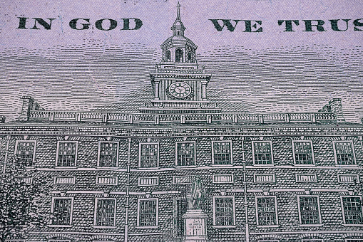 Macro shot of the vignette of Independence Hall on the back of the $100 US hundred dollar bill (note).