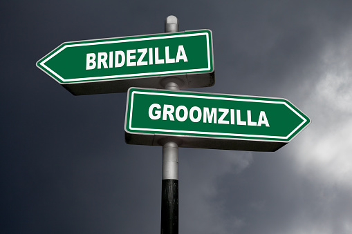 Two direction signs, one pointing left (Bridezilla), and the other one, pointing right (Groomzilla).