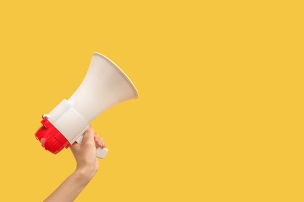 istock Megaphone in woman hands on a yellow background. 1354916777
