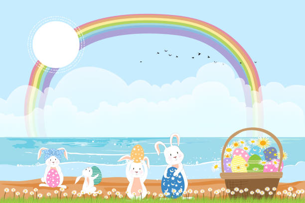 Spring time with bunny hunting Easter eggs by the sea,Vector illustration holiday background, Cute cartoon rabbits playing on sand beah with blue sky cloud and rainbow in sunny day Spring time with bunny hunting Easter eggs by the sea,Vector illustration holiday background, Cute cartoon rabbits playing on sand beah with blue sky cloud and rainbow in sunny day beah stock illustrations