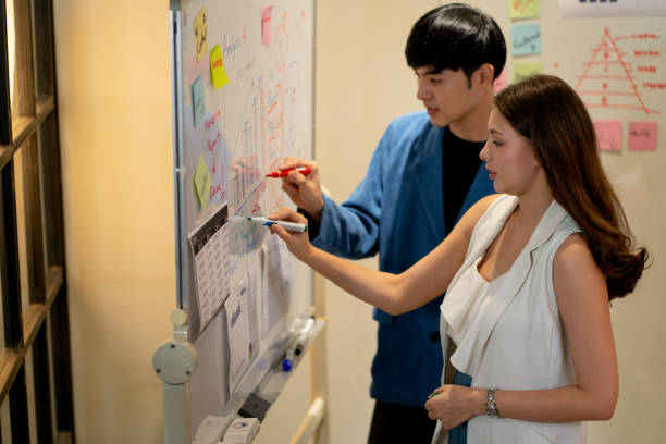 istock Smart business man and pretty woman use pen write on whiteboard to plan their project 1354918199