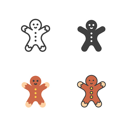 Gingerbread Line, Solid, Flat and Colour Vector Icons with Editable Stroke on White Background.