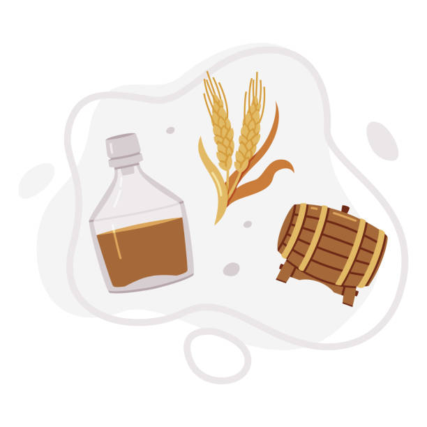 Whiskey Drink in Glass Bottle, Barley Spikelet and Wooden Barrel Vector Composition Whiskey Drink in Glass Bottle, Barley Spikelet and Wooden Barrel Vector Composition. Whisky as Distilled Alcoholic Beverage Production and Manufacture Concept bourbon barrel stock illustrations