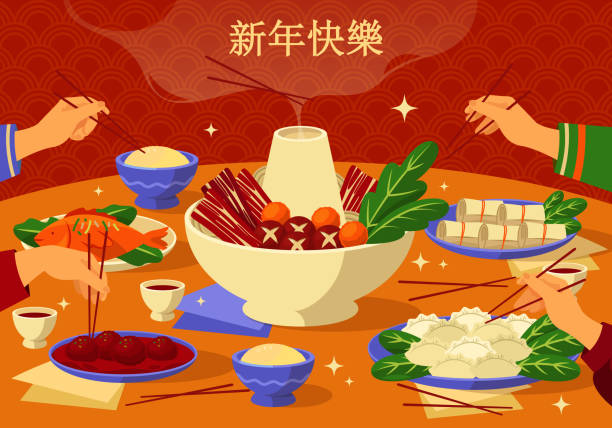Holiday greeting card in chinese style, banner Holiday greeting card in chinese style. Chinese New Year flyer or banner of festive table, family dinner. Traditional asian dishes, oriental cuisine. Reunion symbol, wealth and prosperity. reunion stock illustrations
