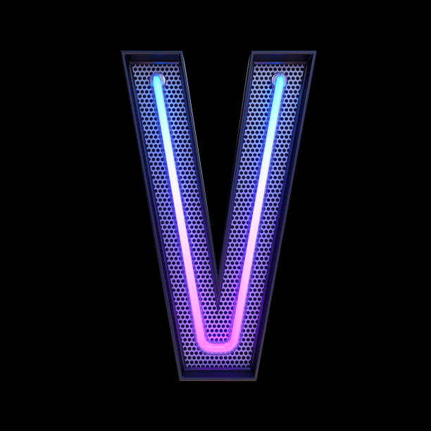 Neon retro Light Alphabet letter V isolated on a black background with Clipping Path. 3d illustration.