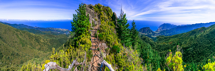 Incredibe nature beauty of Madeira island, famous for hiking in the mountains. Panoramic viewpoint and trail near Pico Ruivo