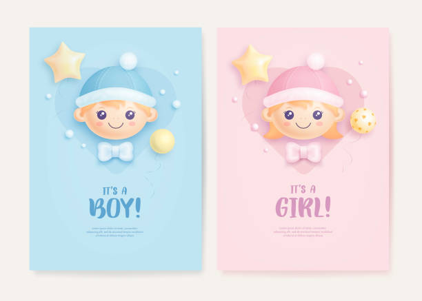 illustrazioni stock, clip art, cartoni animati e icone di tendenza di set di invito baby shower con palloncini cartoon per bambina, neonato ed elio - baby shower invitation its a girl greeting card