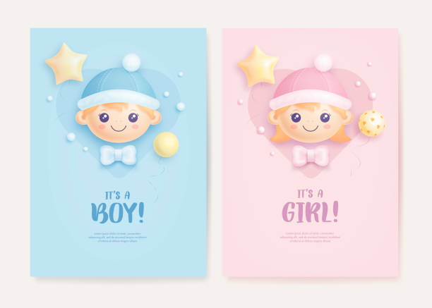 Set of baby shower invitation with cartoon baby girl, baby boy and helium balloons Set of baby shower invitation with cartoon baby girl, baby boy and helium balloons on blue and pink background. It's a boy. It's a girl. Vector illustration baby girls stock illustrations