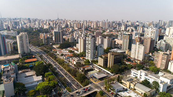 Aerial view of the city of São Paulo, Brazil.\nIn the neighborhood of Vila Clementino, Jabaquara, south side. Aerial drone photo. Avenida 23 de Maio in the background.