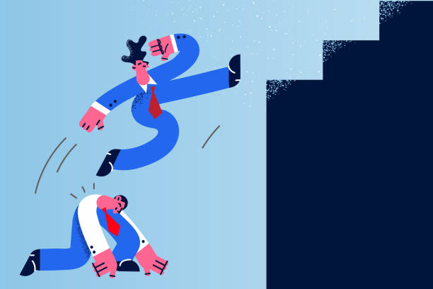istock Male employee jump over colleague as stepping stone 1354930387