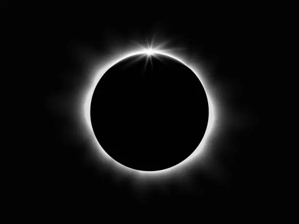 Vector illustration of Total solar eclipse. Planet with sun rays on dark background. Realistic sunrise in space. Earth horizon with glow. Black circle with white shine. Vector illustration