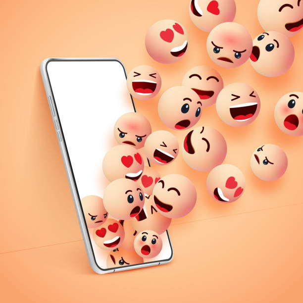 istock Background with smiling faces and blank phone. Cell phone mockup with happy icons. Cartoon characters smiling and sad faces 1354930857